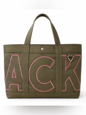 BaubleBar ACK Nantucket Olive Canvas Tote Bag Pink Embroidered NWOT